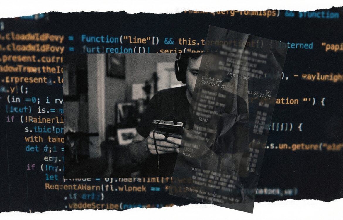 Editorial collage with a candid tester handling a product, layered textures of code and a receipt for a high-contrast magazine look.