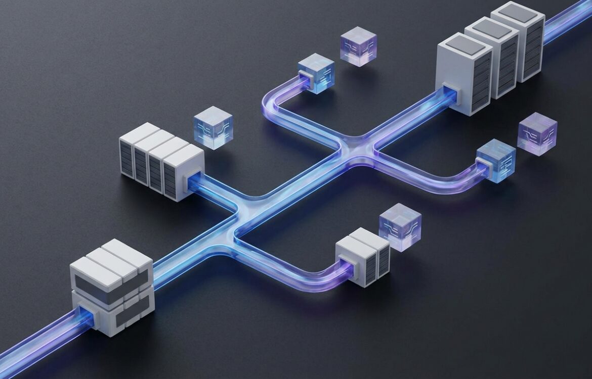 Minimalist 3D render of modular tool servers and floating JSON blocks connected by illuminated conduits.