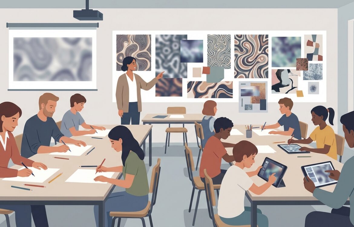 Flat vector classroom showing students of multiple ages using tablets and paper, instructor pointing to a mood board during a workshop.