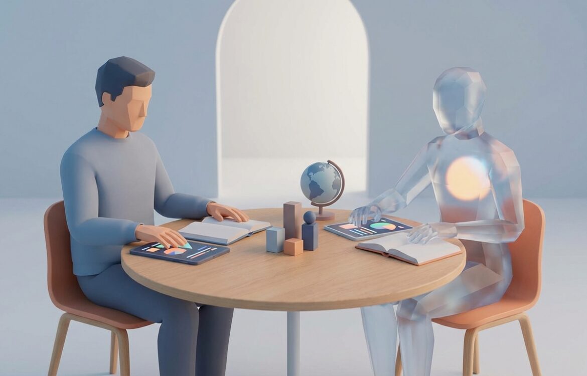 Minimalist 3D scene of a tutor and an abstract AI figure across a table with books and notes, 98 characters.