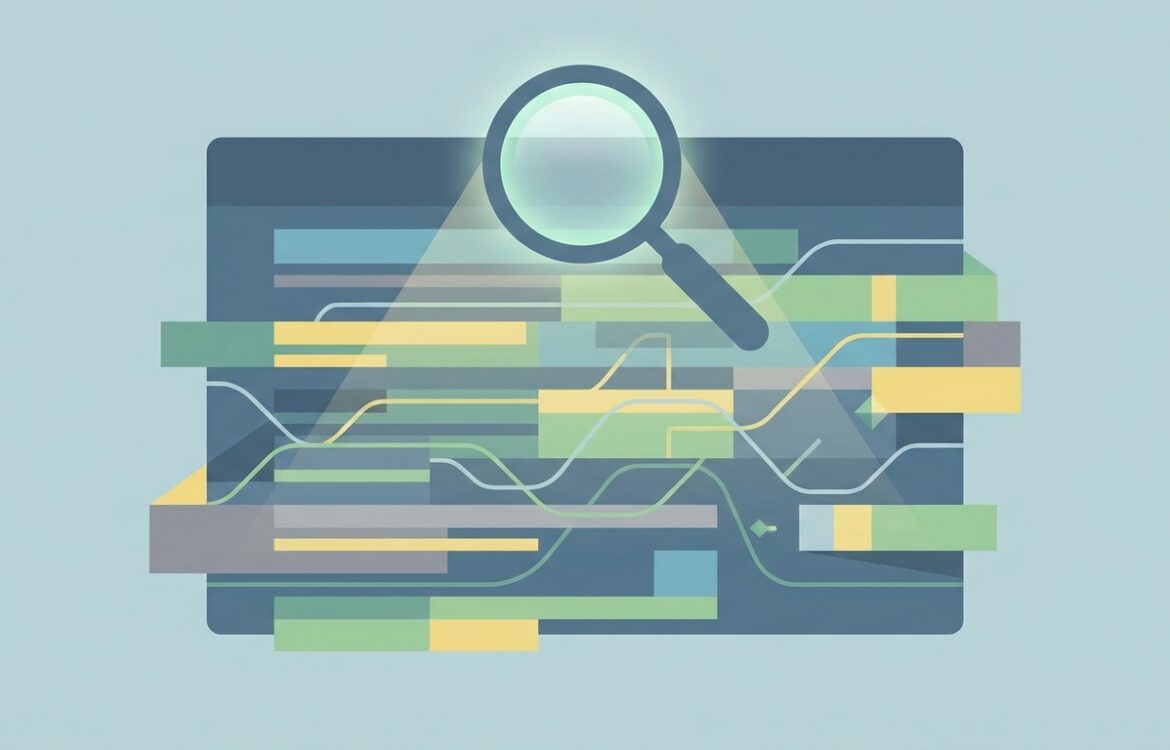 Flat vector composition showing an abstract search-results layout and a magnifying glass, simplified icons and contrasting colors.