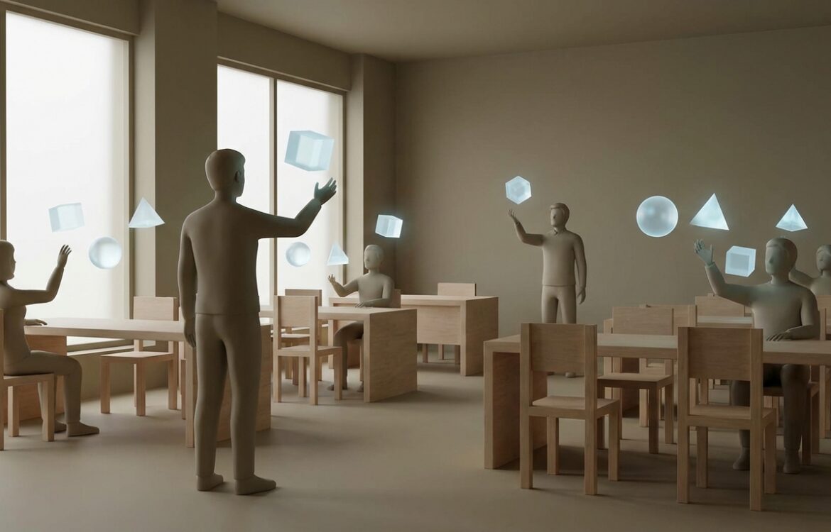 Minimalist 3D classroom with instructor and students, floating abstract blocks of information, soft lighting and calm composition.