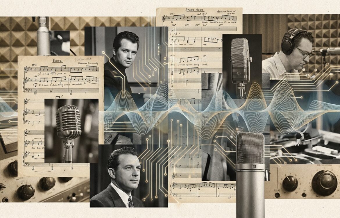 Collage combining a vintage microphone portrait, faded sheet-music textures, and a modern studio backdrop to show old and new audio practices.