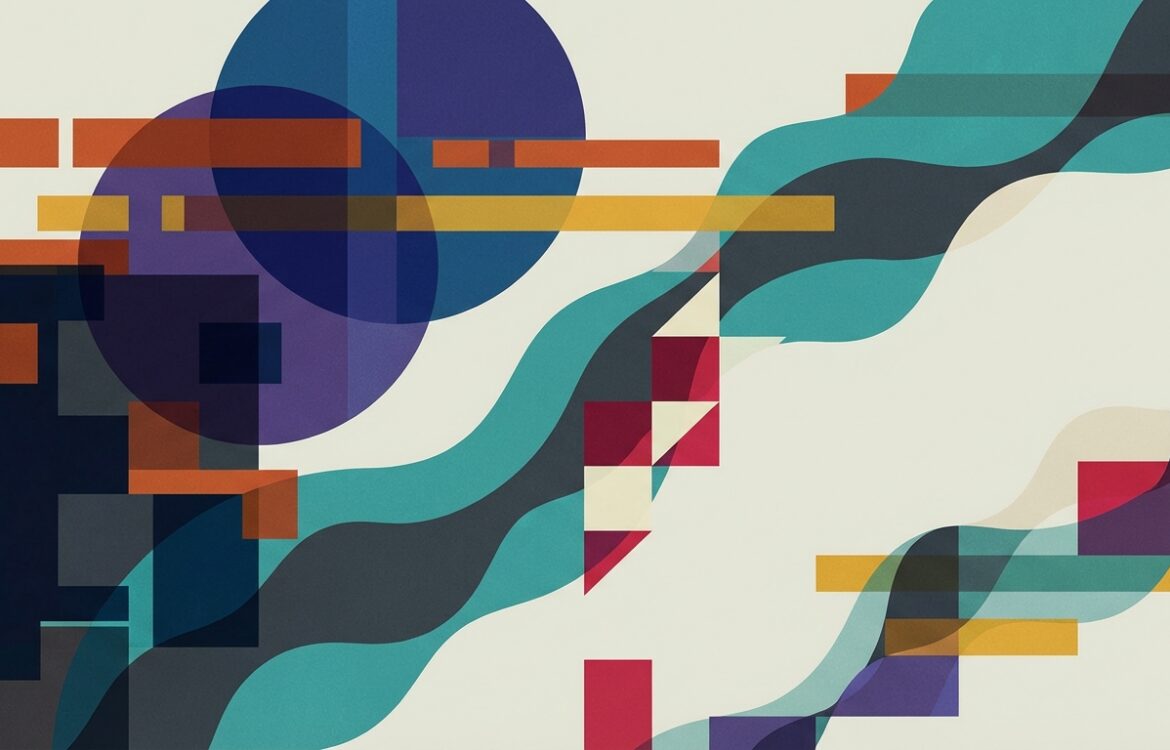 An abstract geometric poster with contrasting shapes and colors conveying imbalance and tradeoffs.