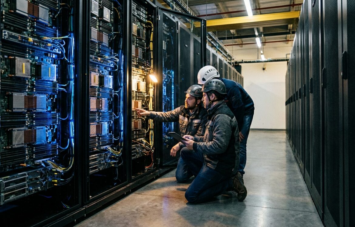 Wide documentary photo of technicians inspecting rows of server racks and accelerators in a modern datacenter under cool lighting.