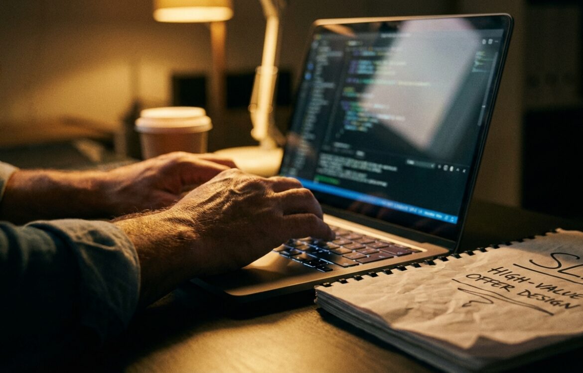 Cinematic close-up of hands typing on a laptop with a blurred screen and a document beside it, shallow depth of field, warm lamp light.