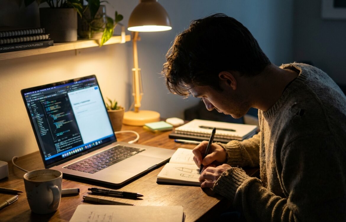 A solo creator working at a small desk in a home studio, laptop, sketchbook, soft warm lighting, candid angle, shallow depth of field.