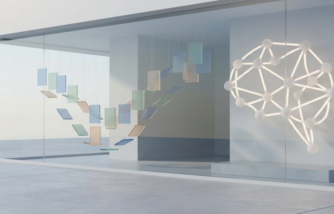 Minimalist 3D scene of a storefront window with floating product tiles and a sculptural neural-network form beside them.