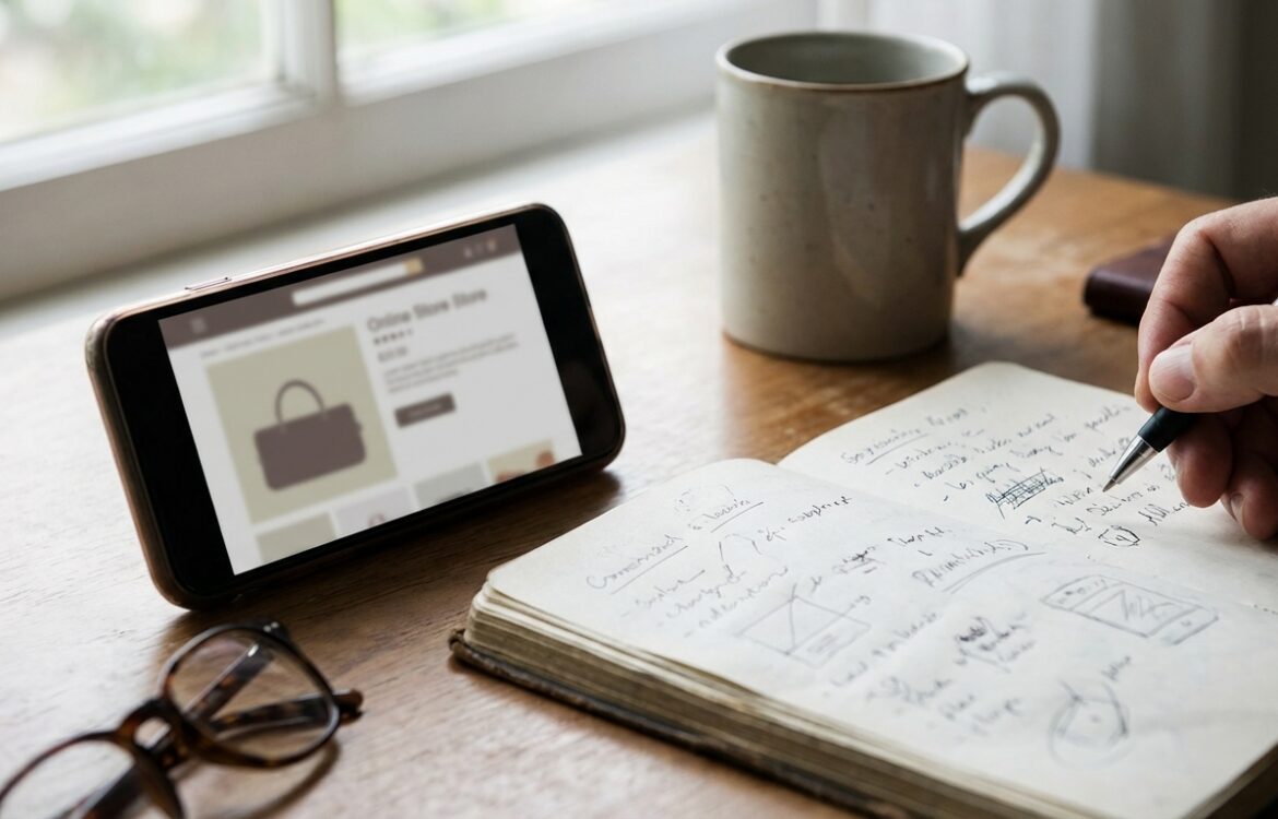 A smartphone lying on a desk displaying a blurred online store layout while a person writes notes in a notebook nearby with daylight coming through a window.