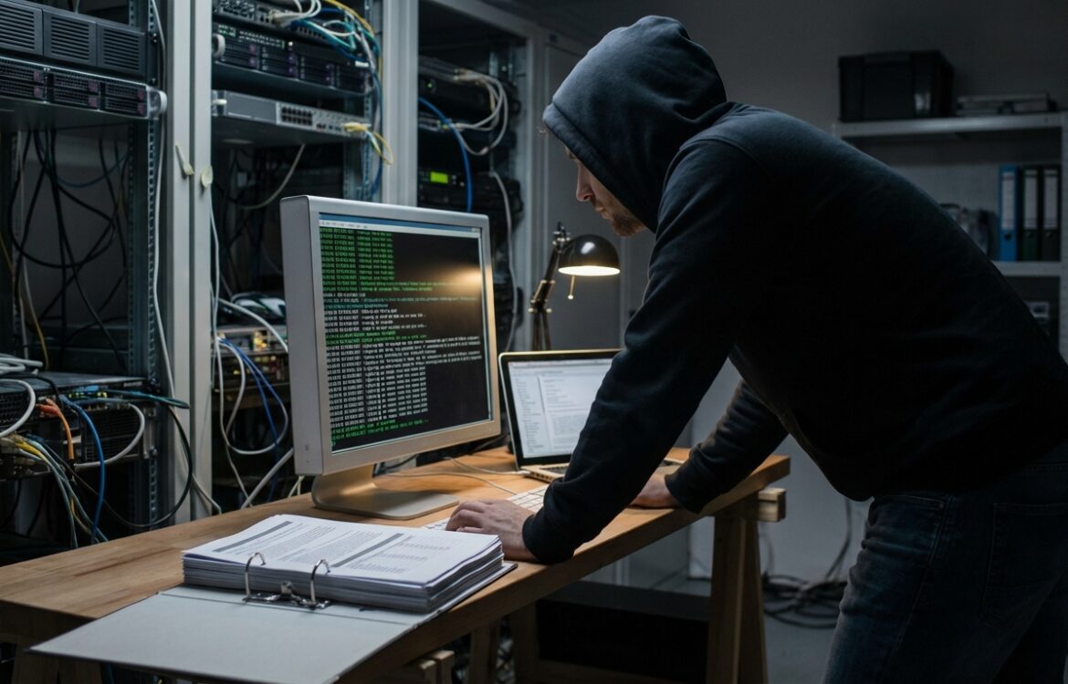 Security engineer at a desk reviewing logs on a monitor and a laptop, with printed policy documents and a calm, professional lab setting.