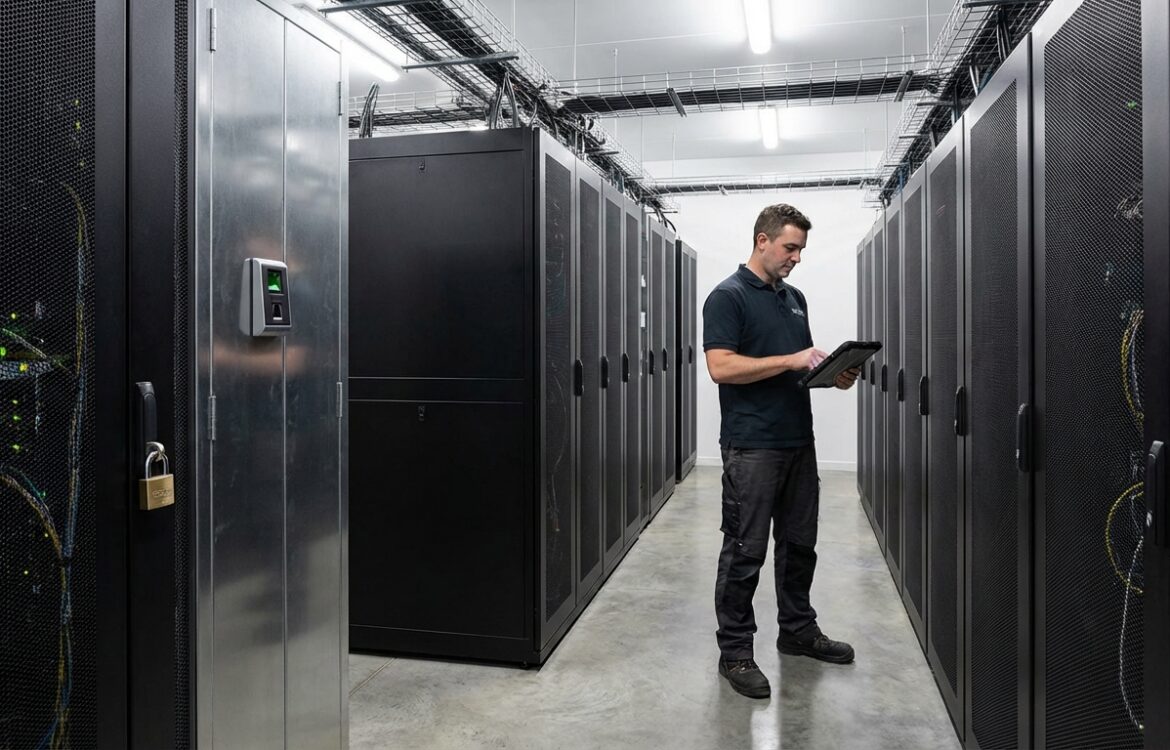 A technician standing in a server room aisle examining a tablet next to a locked server cabinet under even, professional lighting.