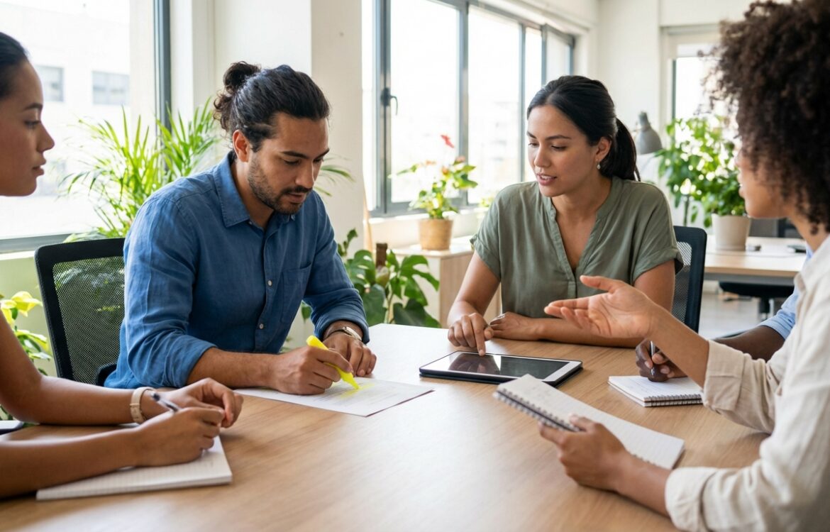 A diverse team in a bright office discusses printed summaries and takes notes with tablets and notebooks on the table.