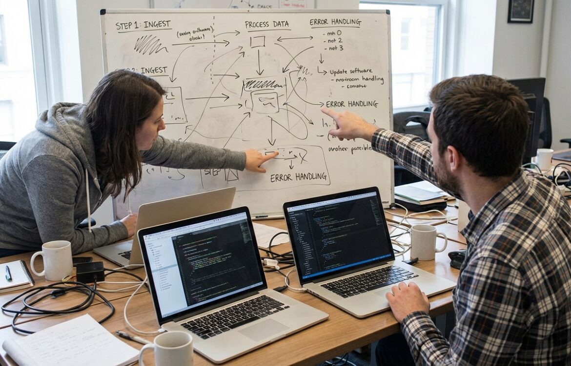 Two engineers collaborating by a whiteboard with hand-sketched runbook steps while using laptops displaying blurred code editors.
