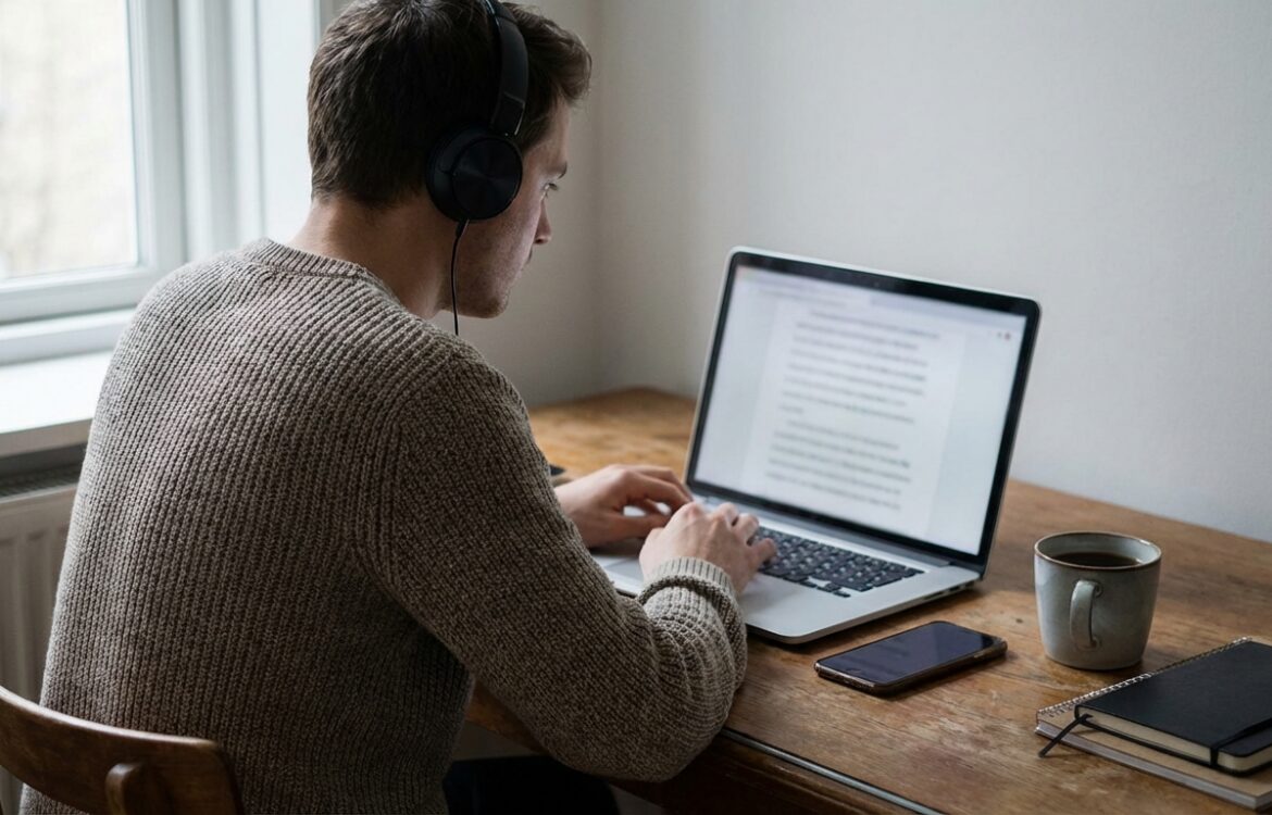 A researcher with headphones at a desk reading anonymized transcripts on a laptop, smartphone and coffee beside the keyboard, daylight through a window.