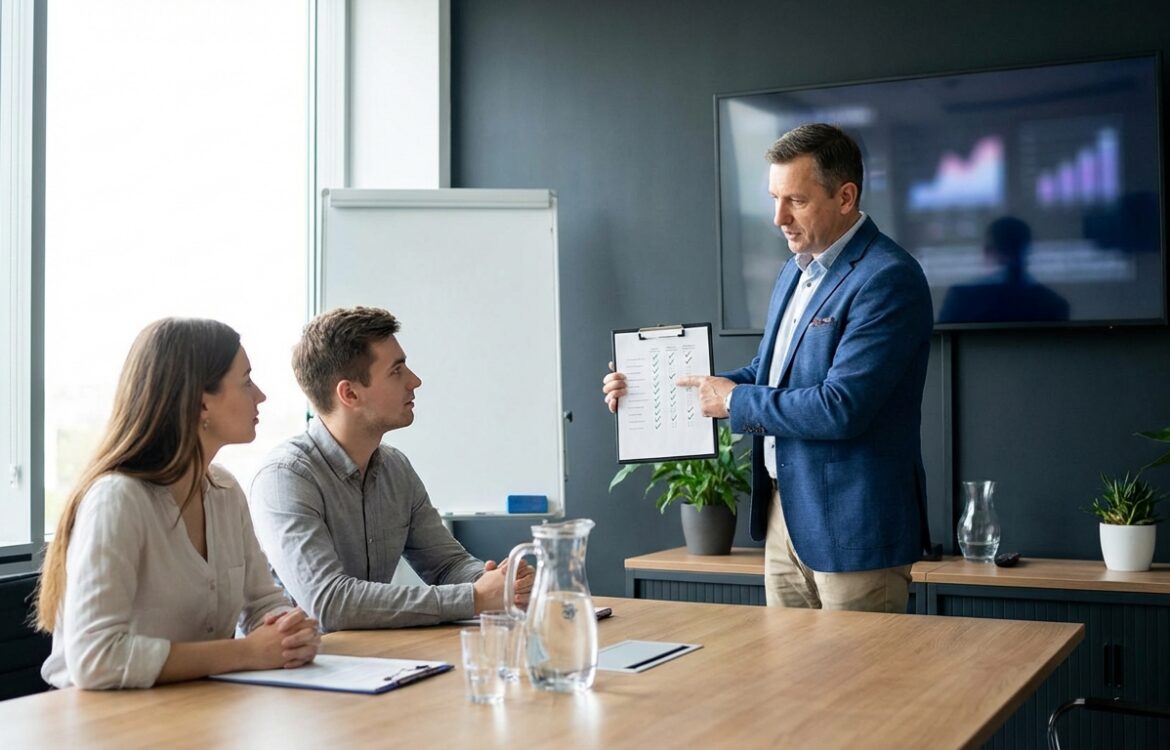A sales leader coaching two sales representatives in a meeting room, pointing to a printed checklist with a wall display in the background.