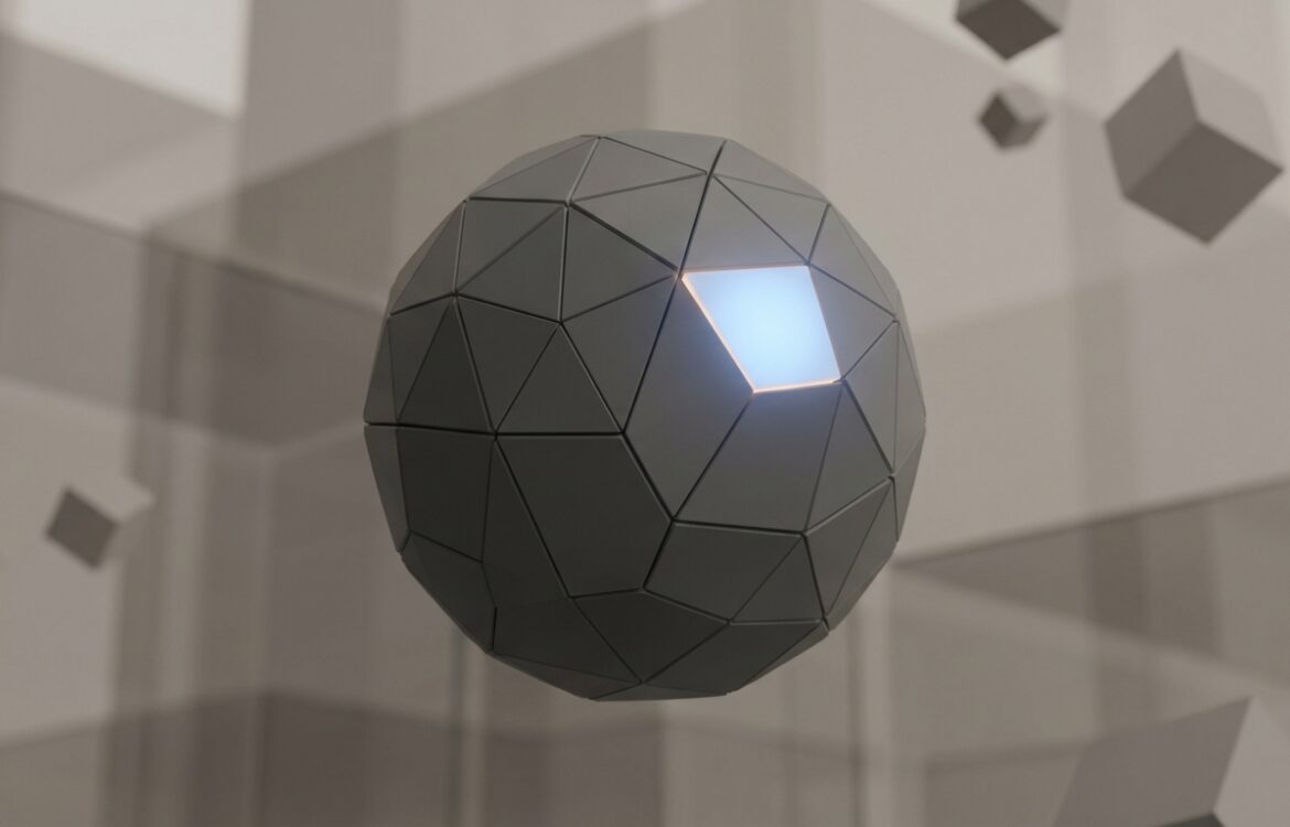 Minimal 3D composition of an interlocking geometric sphere with a glowing panel, soft studio lighting and shallow depth of field.