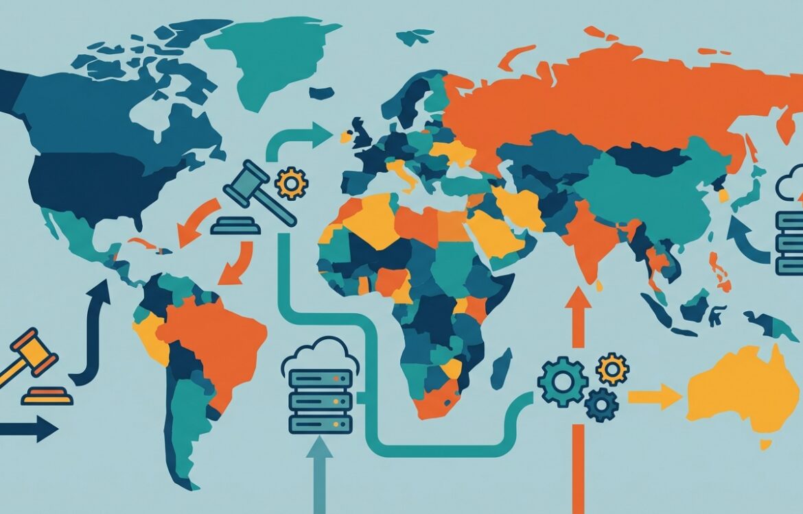 Minimal flat vector map with stylized legal and server icons indicating cross-border regulation, vibrant flat colors and simple shapes.