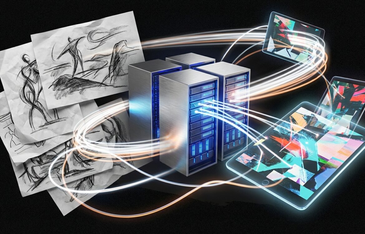 Abstract collage linking servers, sketches, and mobile devices with soft glowing lines, high contrast.