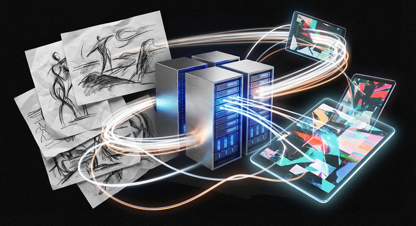 Abstract collage linking servers, sketches, and mobile devices with soft glowing lines, high contrast.