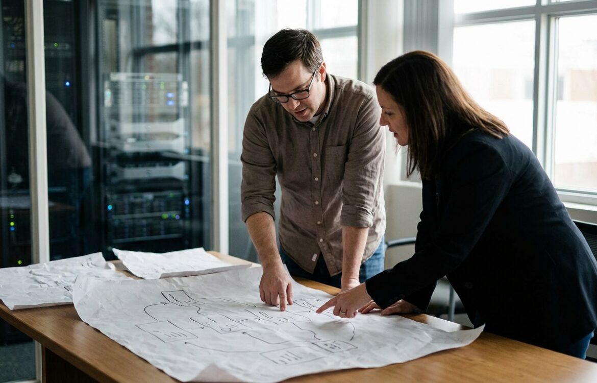 School IT administrator and leader examining printed network and data flow diagrams in a small tech office with server equipment in the background.