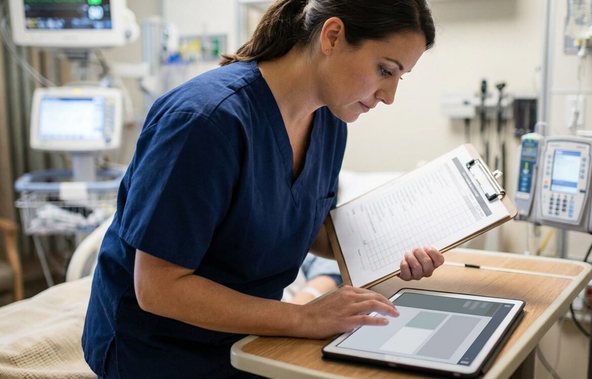 A nurse at a patient's bedside consults a tablet and a printed checklist with blurred screen content and visible medical equipment.