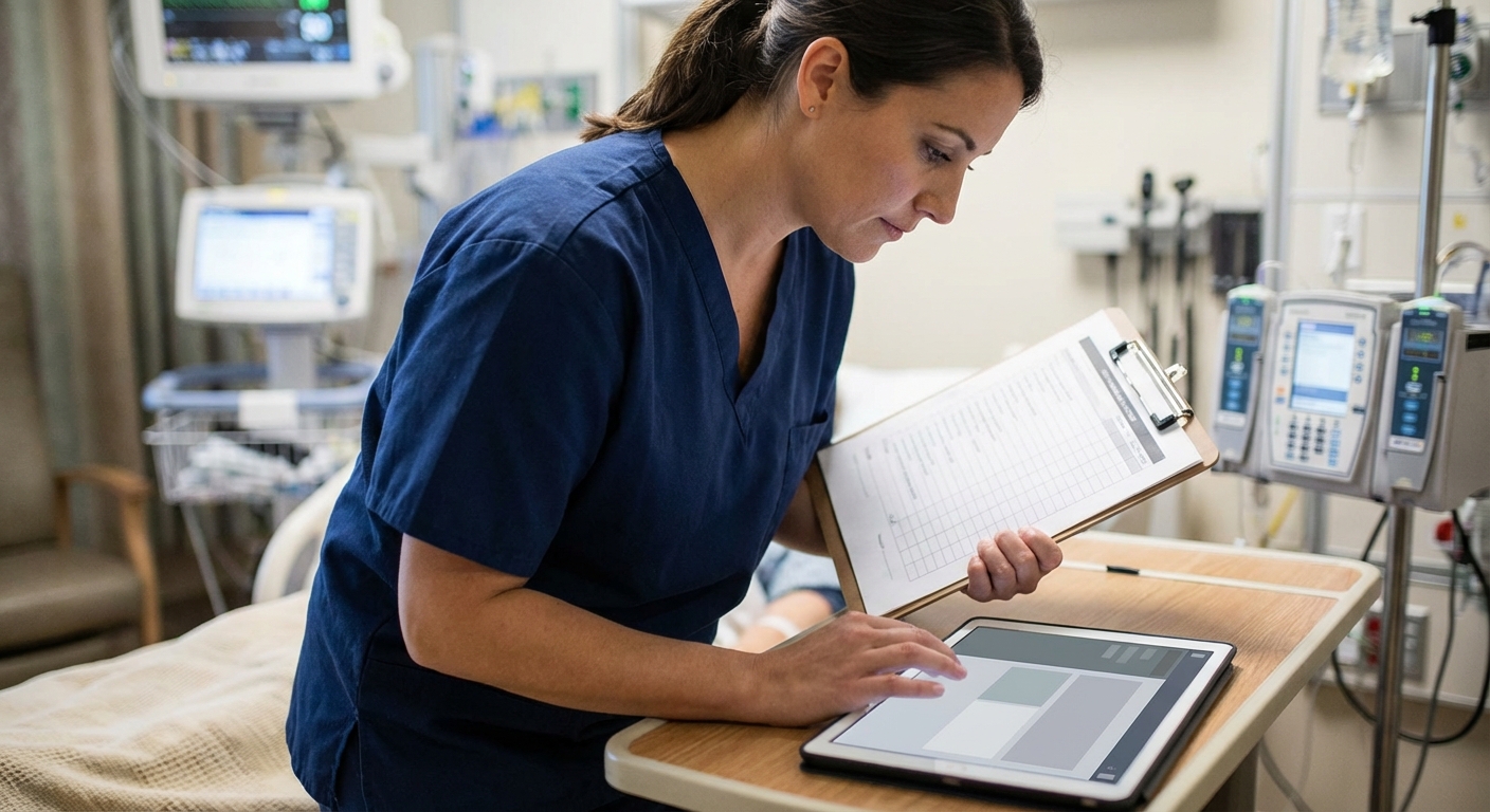 A nurse at a patient's bedside consults a tablet and a printed checklist with blurred screen content and visible medical equipment.