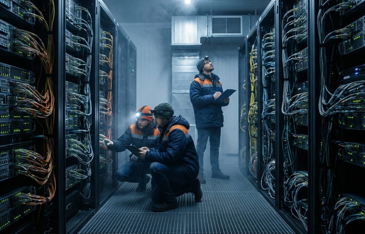 Engineers in a large data center inspecting racks of GPUs and accelerator hardware, wide-angle documentary lighting, visible equipment and people.