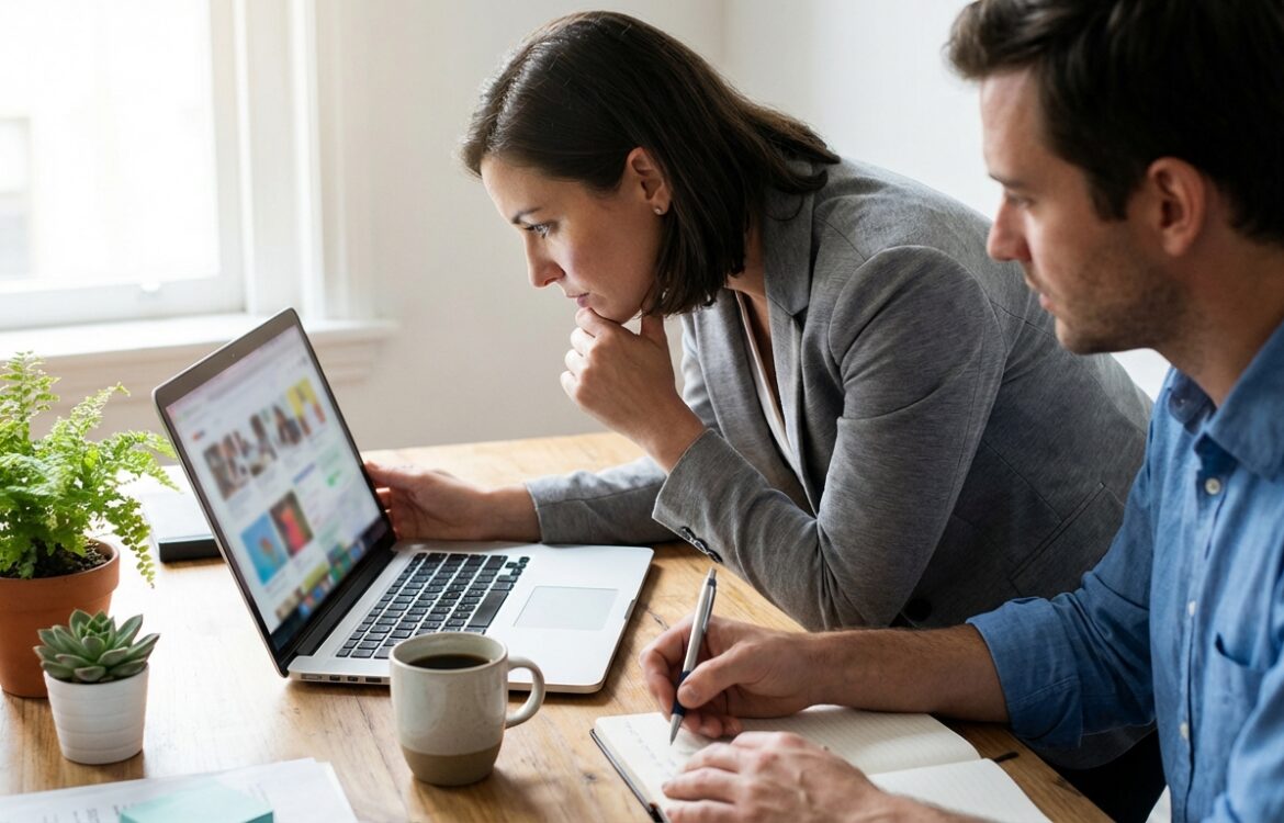 A marketer and reviewer at a desk looking at a blurred laptop screen with notes and a coffee cup, in a calm office setting.