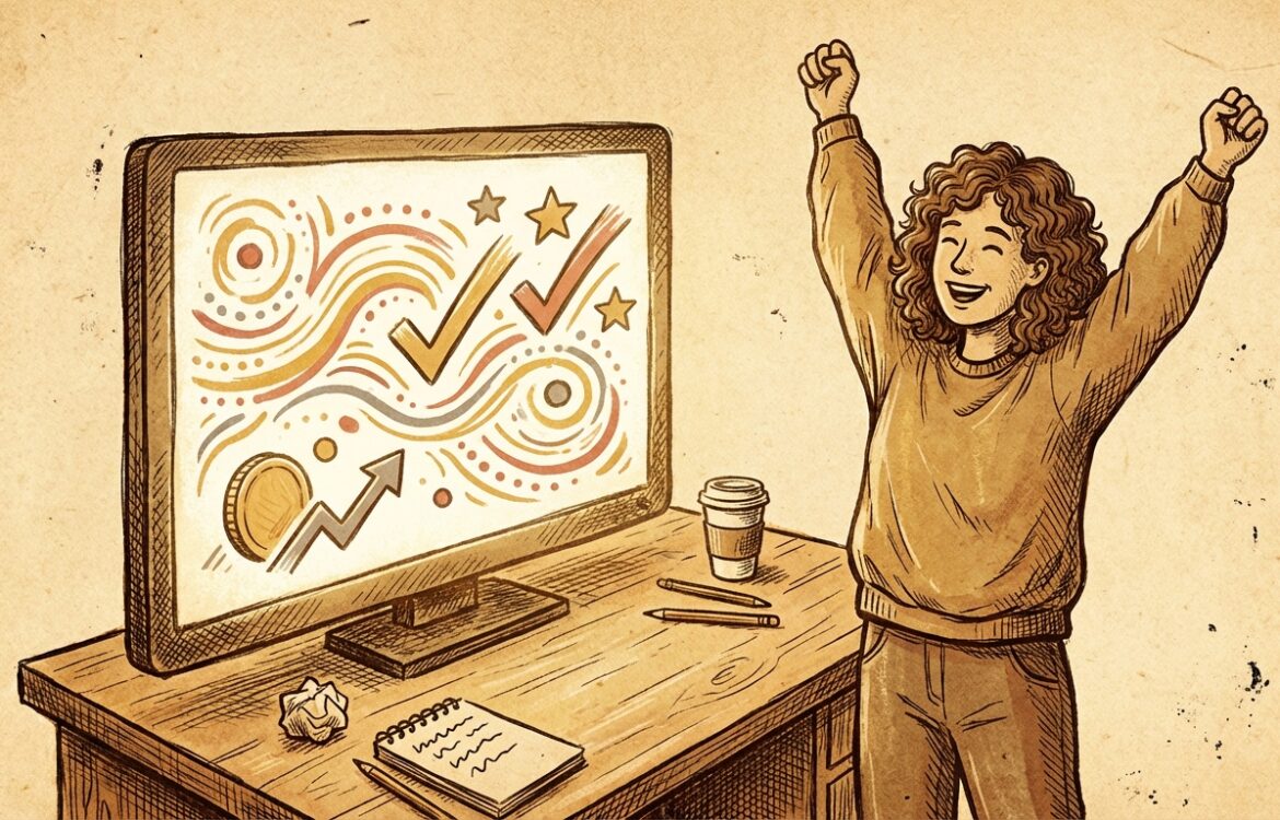 A warm hand-drawn illustration of a founder celebrating with a simple dashboard in the background and organic textures.