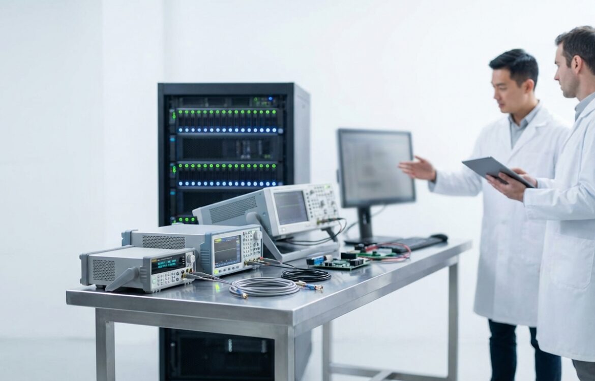 Studio photograph of a QA bench showing measuring instruments, a rack-mounted server, and engineers observing without readable displays or labels.