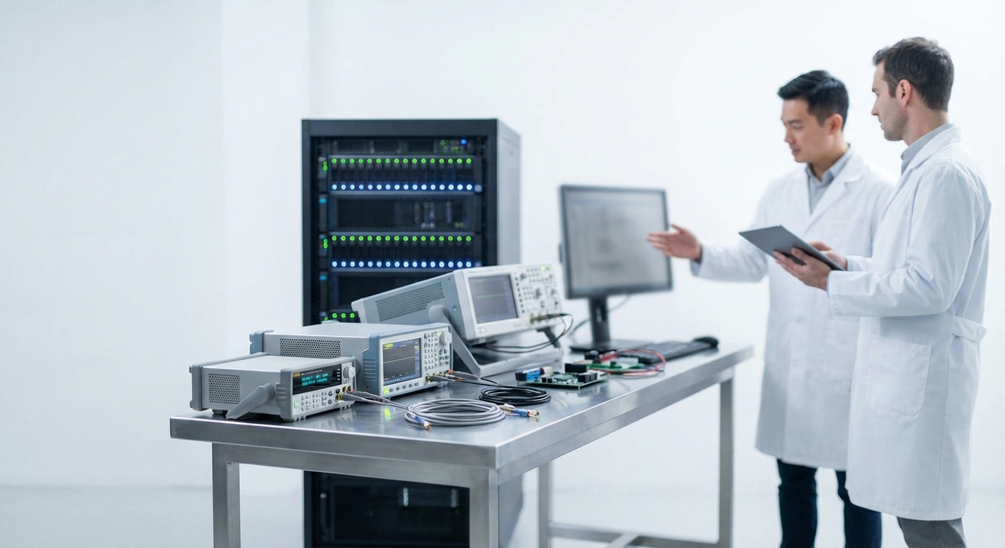 Studio photograph of a QA bench showing measuring instruments, a rack-mounted server, and engineers observing without readable displays or labels.