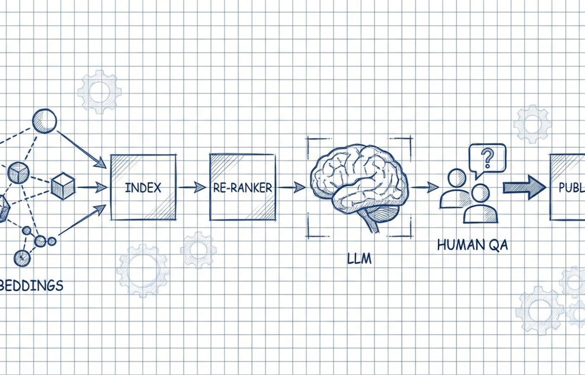 Blueprint-style system illustration with nodes for embeddings, index, ranking, model, and QA, rendered in blueprint blue.