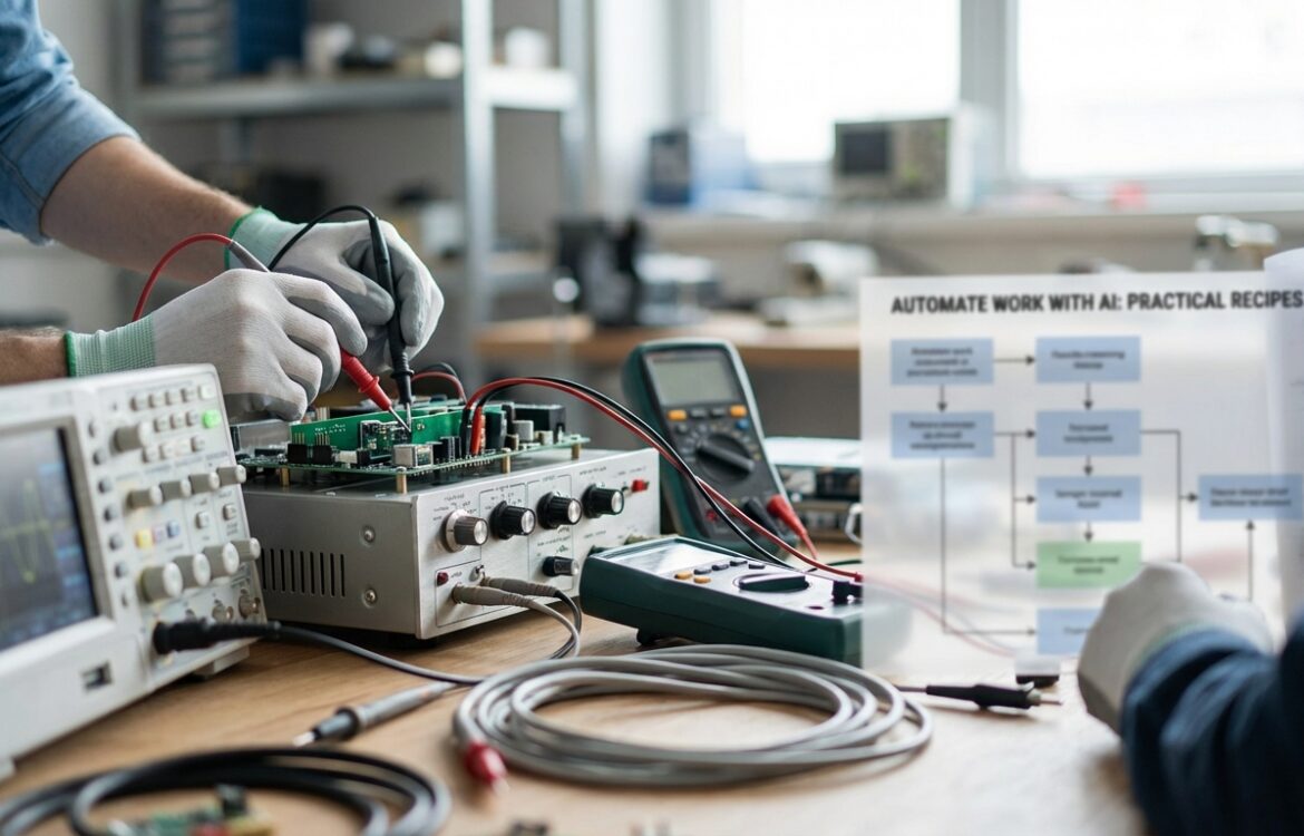 A close-up technical photograph of hands operating hardware test rigs and instruments on a workbench with a blurred schematic nearby.