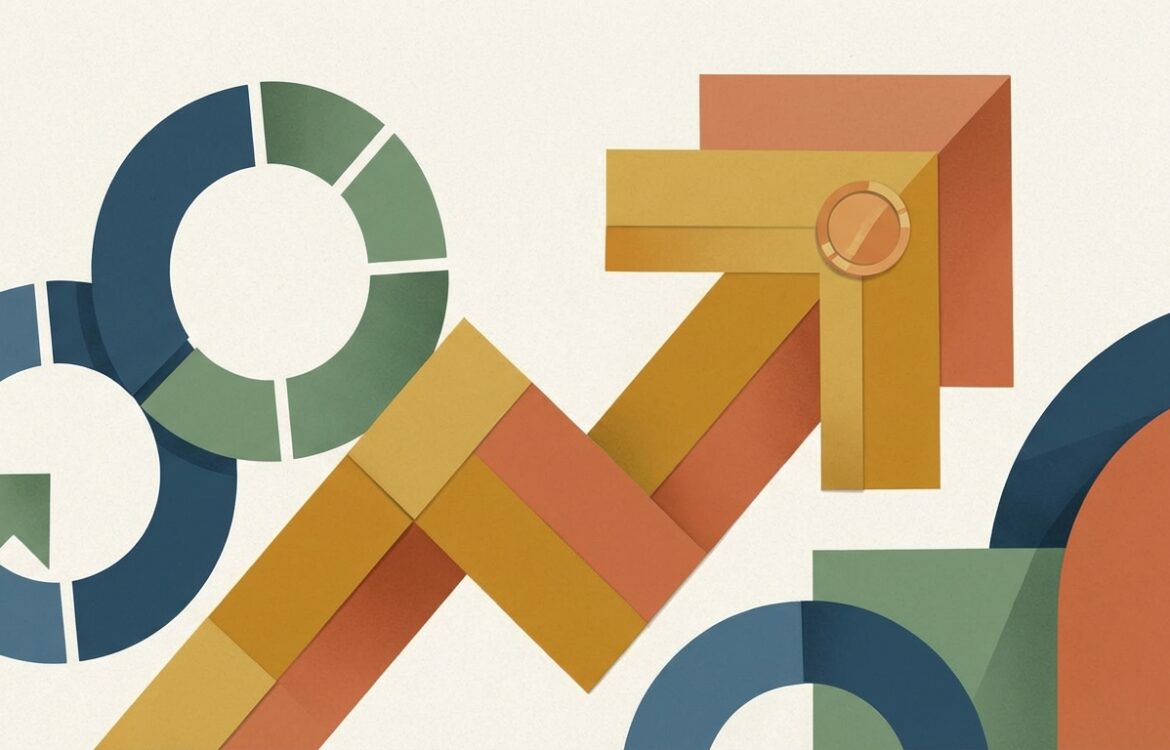 Abstract geometric shapes and color blocks suggesting progress and metrics, high-contrast modern palette.