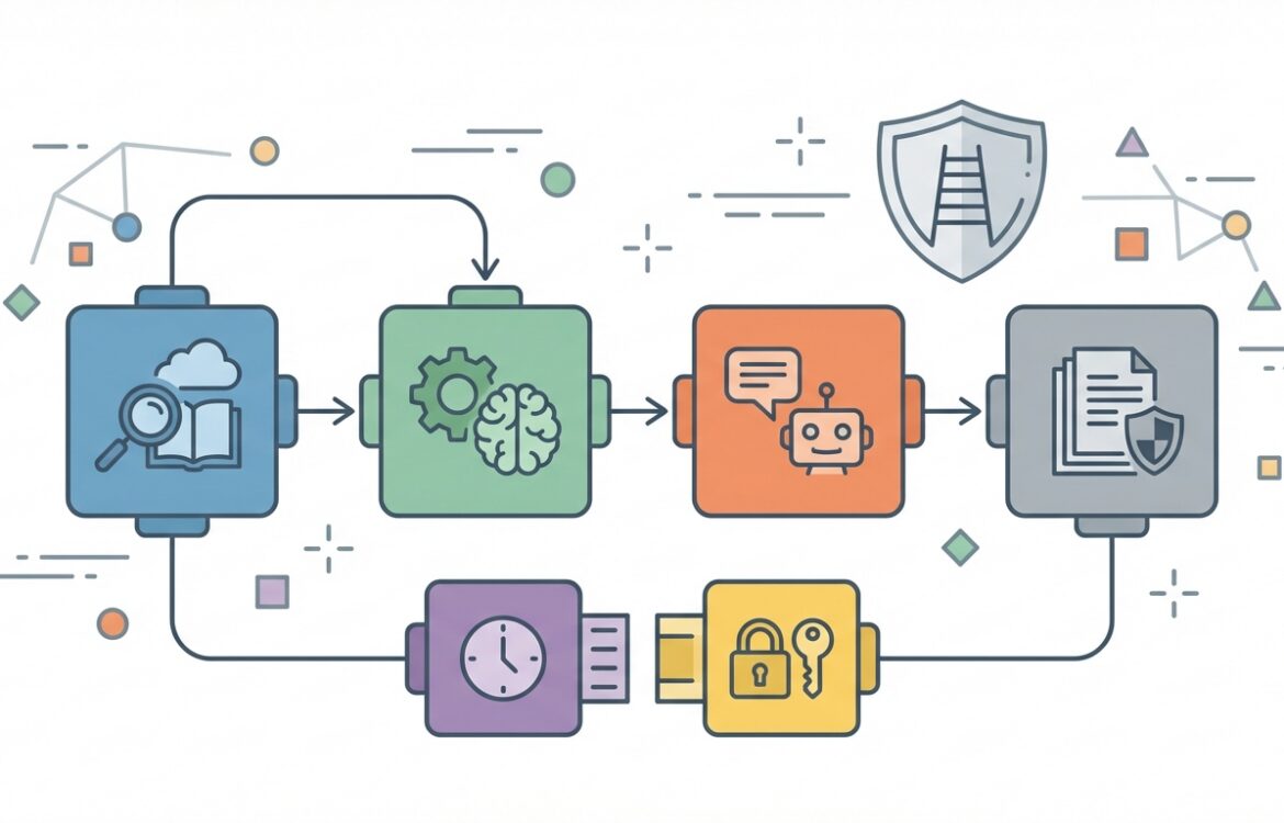Flat vector illustration of modular blocks representing retrieval, embedding, adapters, and monitoring components in a clean, minimal layout.