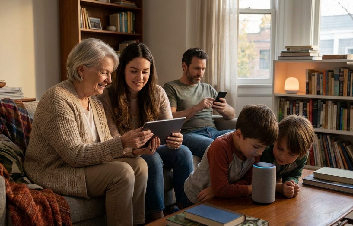 A naturalistic wide shot of three generations in a living room using smartphone, tablet and smart speaker, warm daylight, documentary style.
