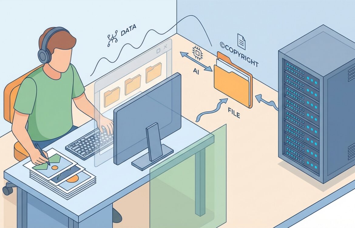 Isometric view of a small studio with prints, labeled folders, and a server rack, clean and schematic.
