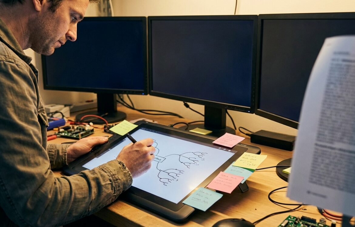 Photorealistic lab bench showing an engineer drafting system architecture beside blank monitors and a tablet, close-up, neutral lighting.
