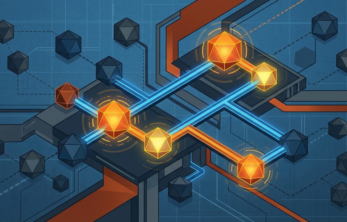 Abstract geometric illustration of connected nodes with selective glow representing retrieval hits and fading nodes indicating forgotten memories.