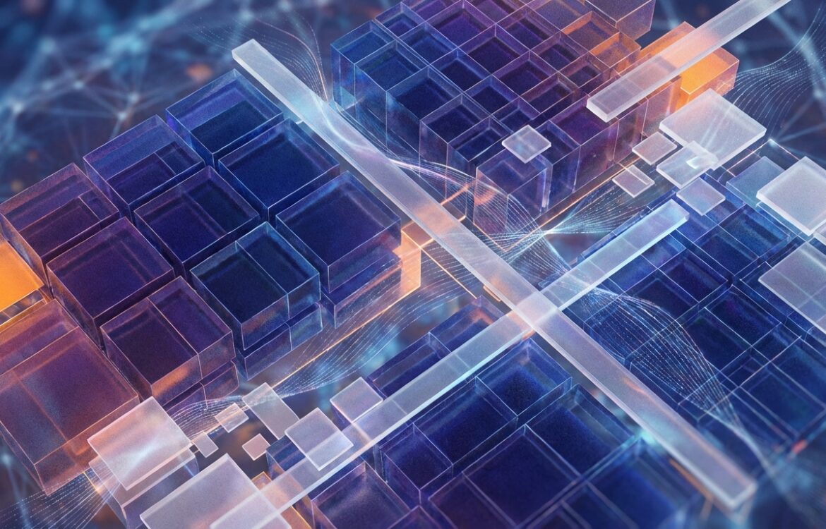 Abstract geometric artwork of layered matrices and low-rank shapes suggesting adapter matrices, contemporary style, no text.