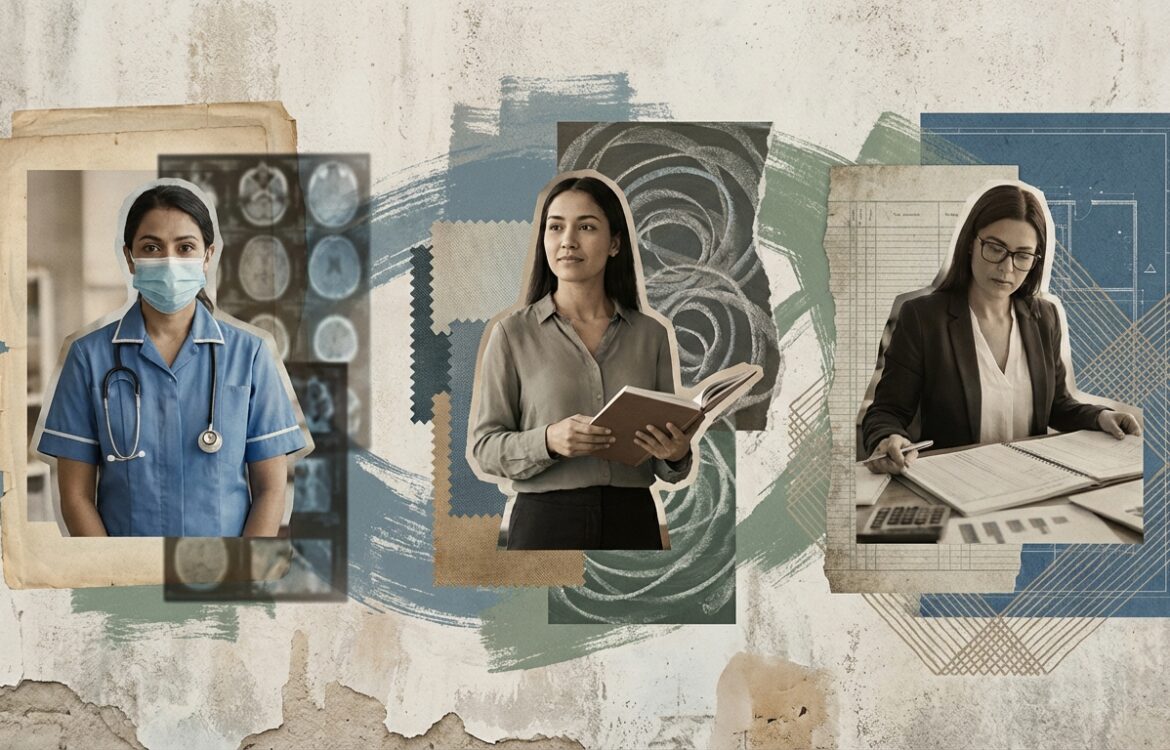 An editorial collage of photographed workers in healthcare, education and finance layered with textured backgrounds and cinematic color grading.