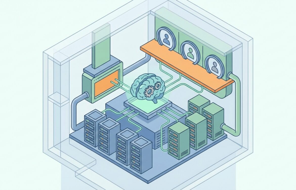 Isometric vector cutaway depicting a tidy tech stack with servers, model nodes, and client portals in a grid layout.