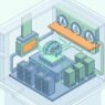 Isometric vector cutaway depicting a tidy tech stack with servers, model nodes, and client portals in a grid layout.