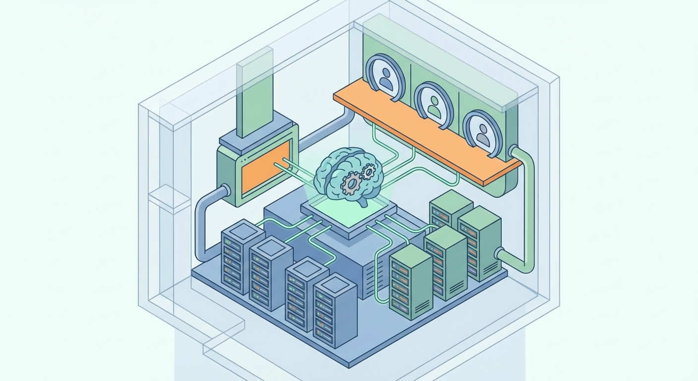 Isometric vector cutaway depicting a tidy tech stack with servers, model nodes, and client portals in a grid layout.