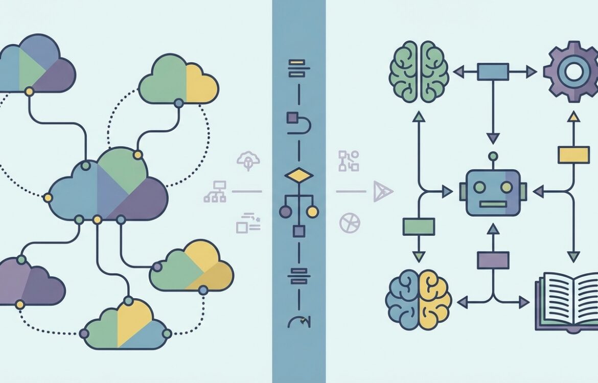 Flat vector illustration of abstract cloud nodes and stylized model shapes arranged in a comparison layout, minimal colors and clear negative space.