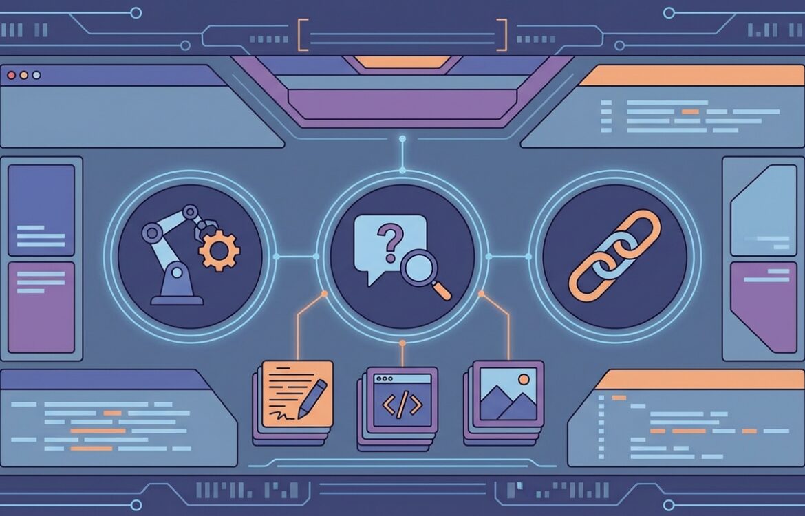 Flat vector artwork showing abstract marketplace icons for services and automation, simplified shapes and bright color palette, top-down composition.
