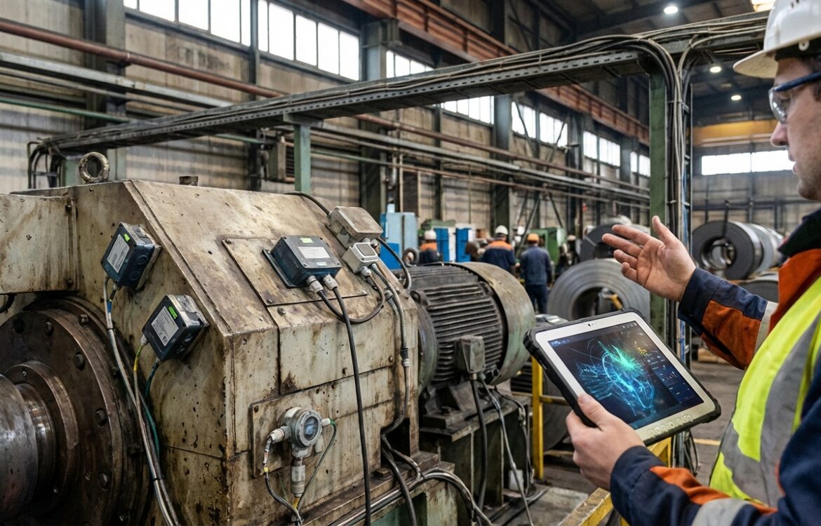 An engineer in a high‑ceilinged factory inspects a tablet while sensor units are attached to industrial machinery in the background.
