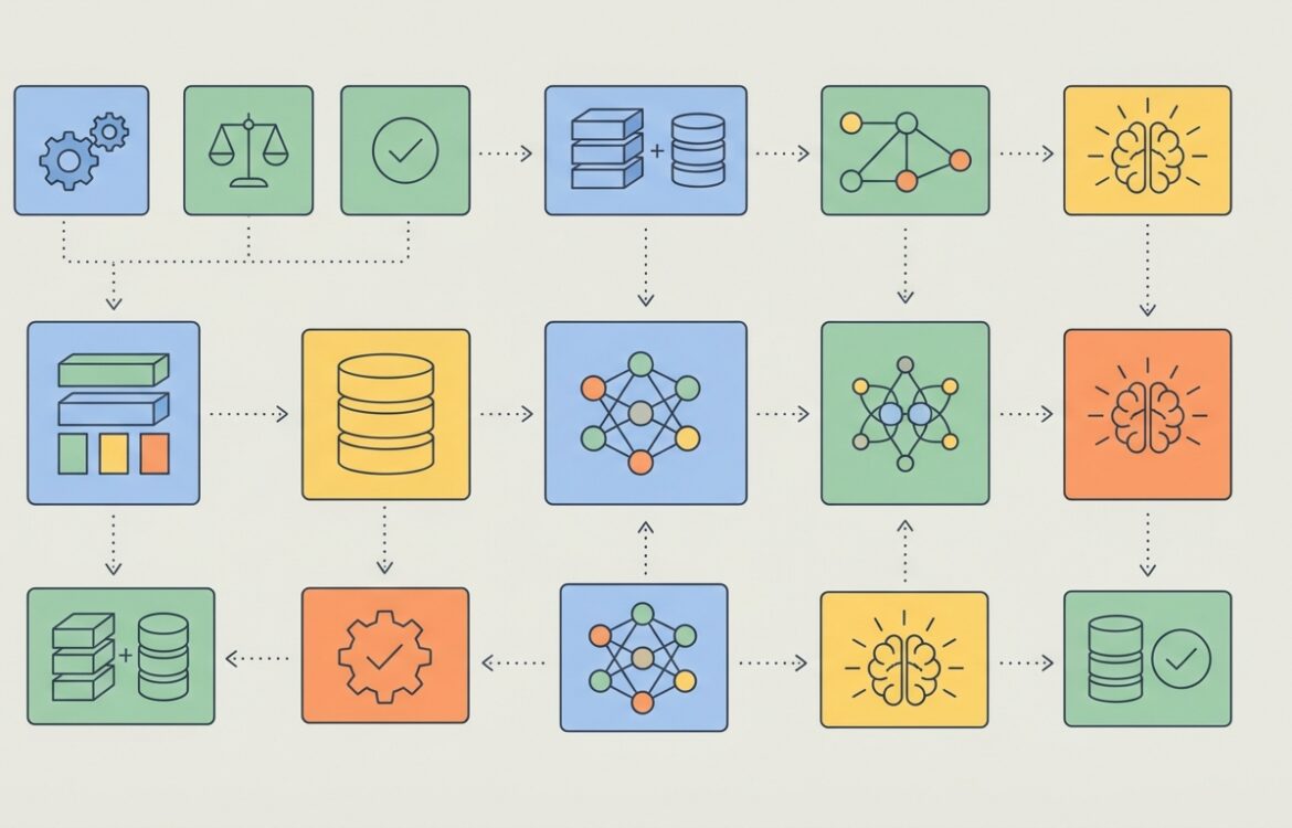 Flat vector illustration of modular blocks representing metrics, datasets, and models arranged clearly on a neutral backdrop.
