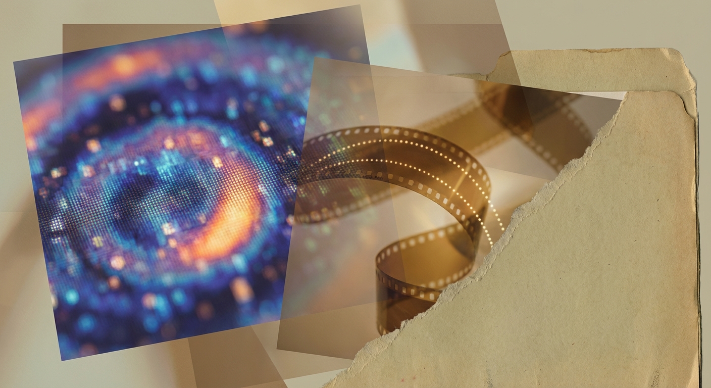 Editorial collage of close-up embedding-like textures, a trace ribbon, and an archival folder arranged as an abstract composition.