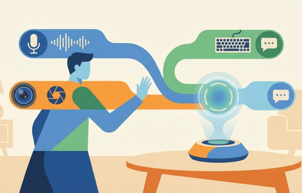 Minimal flat vector illustration of a person near a smart home speaker with symbolic icons for voice, camera, and text converging into a single glowing hub.